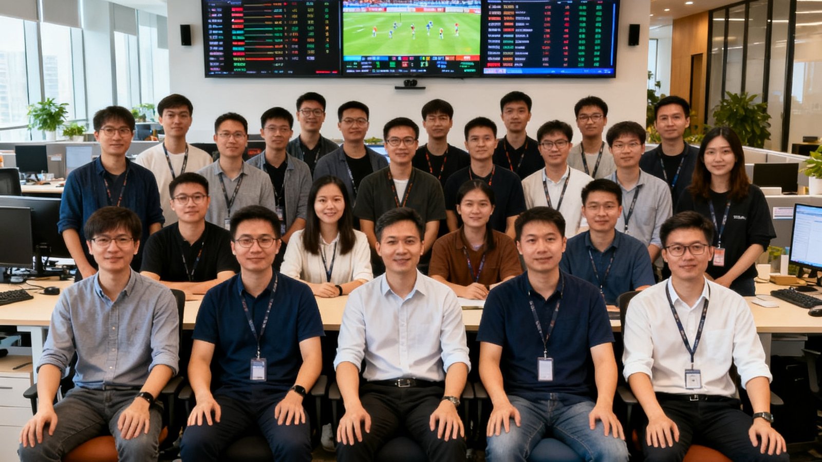 蜘蛛直播核心团队在深圳科技园开放式办公室合影,技术研发与运营团队共35人,墙上大屏幕实时显示赛事数据