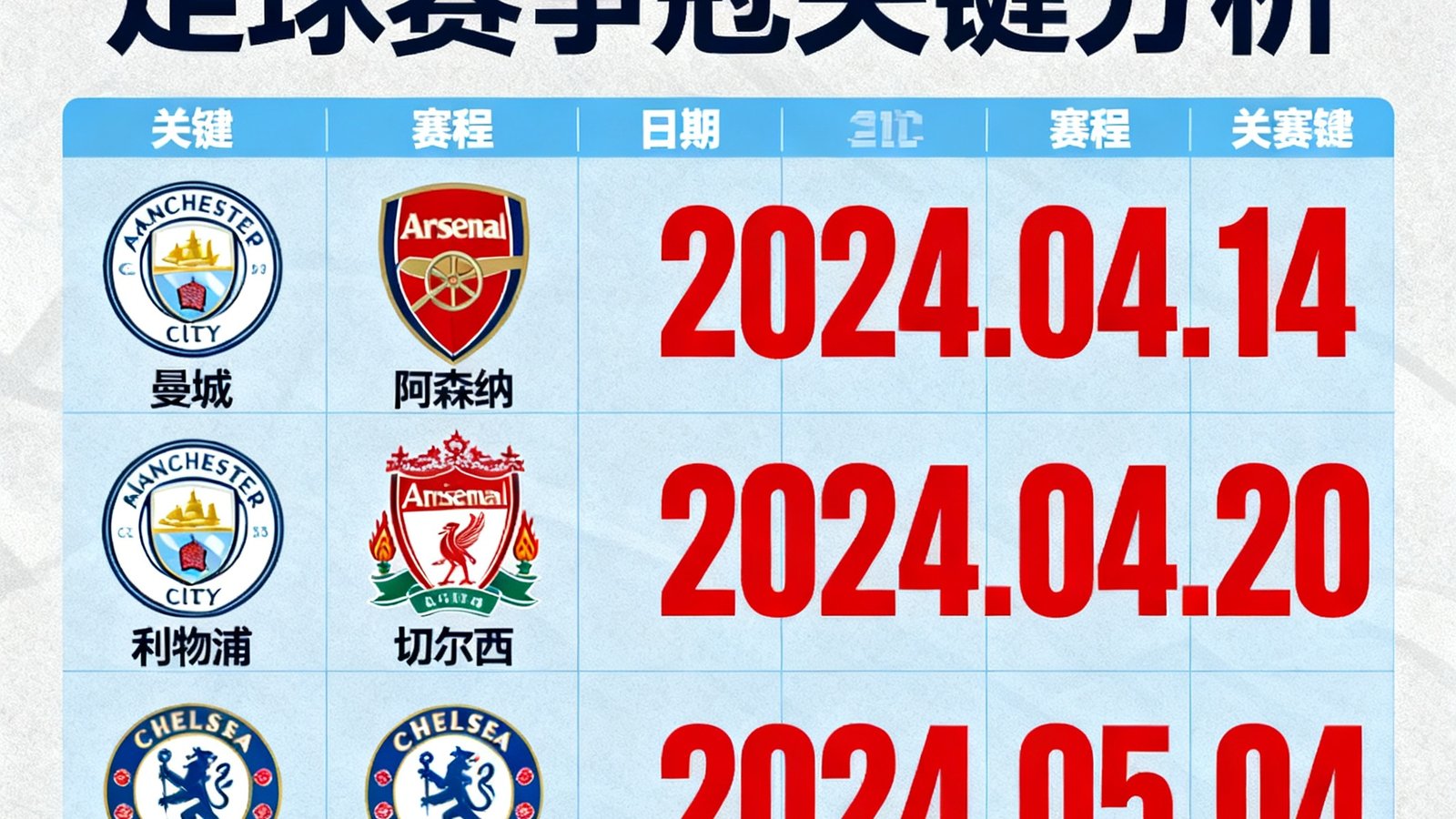 英超积分榜争冠形势分析图，四支争冠球队队徽对比排列，关键赛程日期用红色标注突出显示